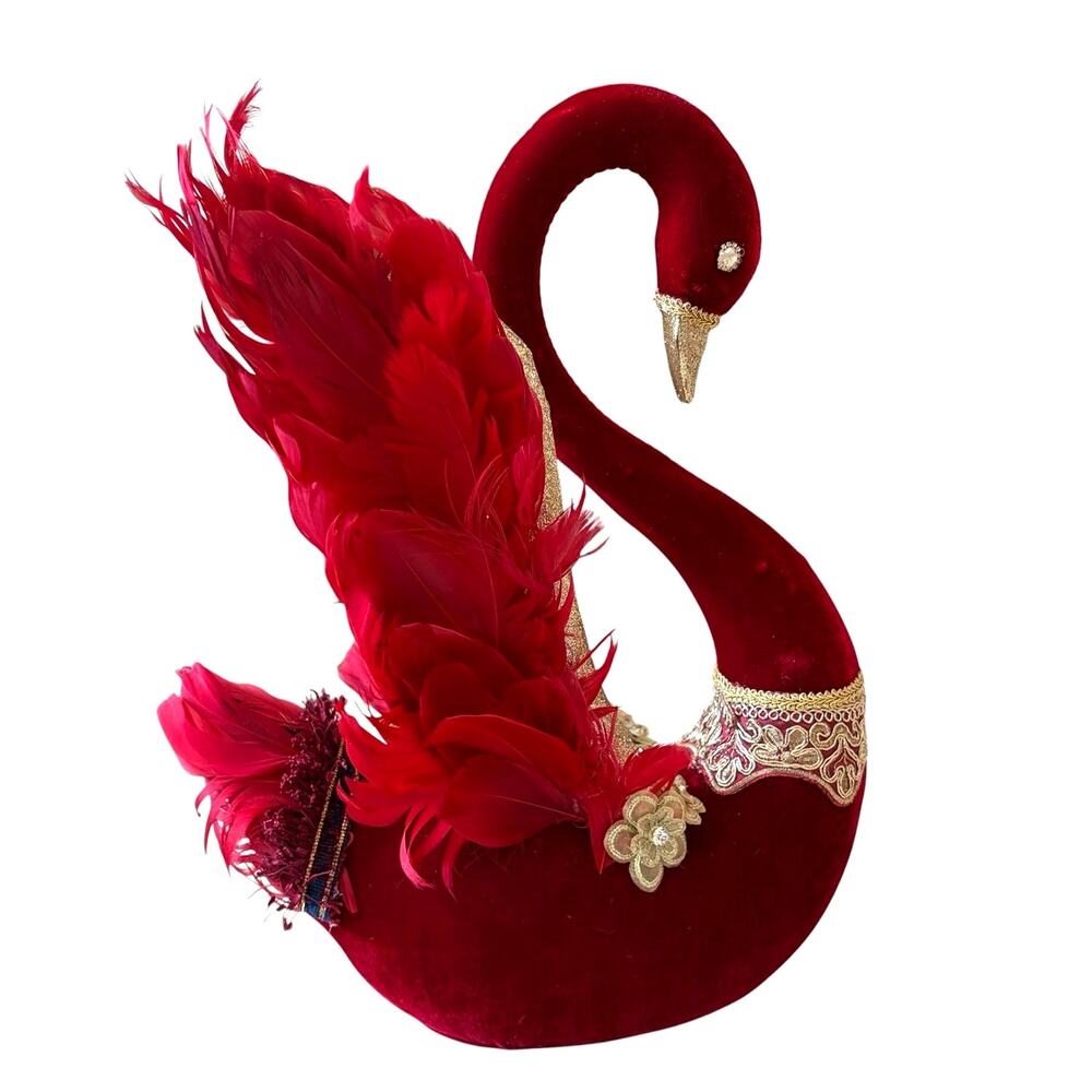 Mrs. Alice 16.5in Burgundy Velvet Swan w/ Feathers & Gold Glitter Trim NEW